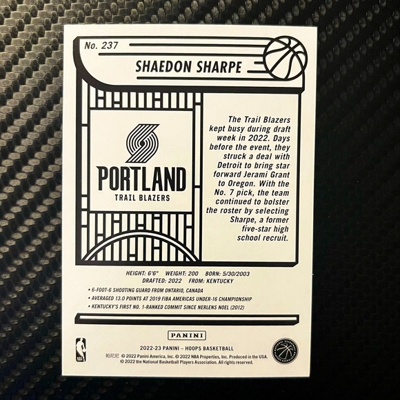 Shaedon Sharpe Trail Blazers RC 2022-2023 HOOPS Panini NBA Rookie Trading Card - Picture 2 of 2